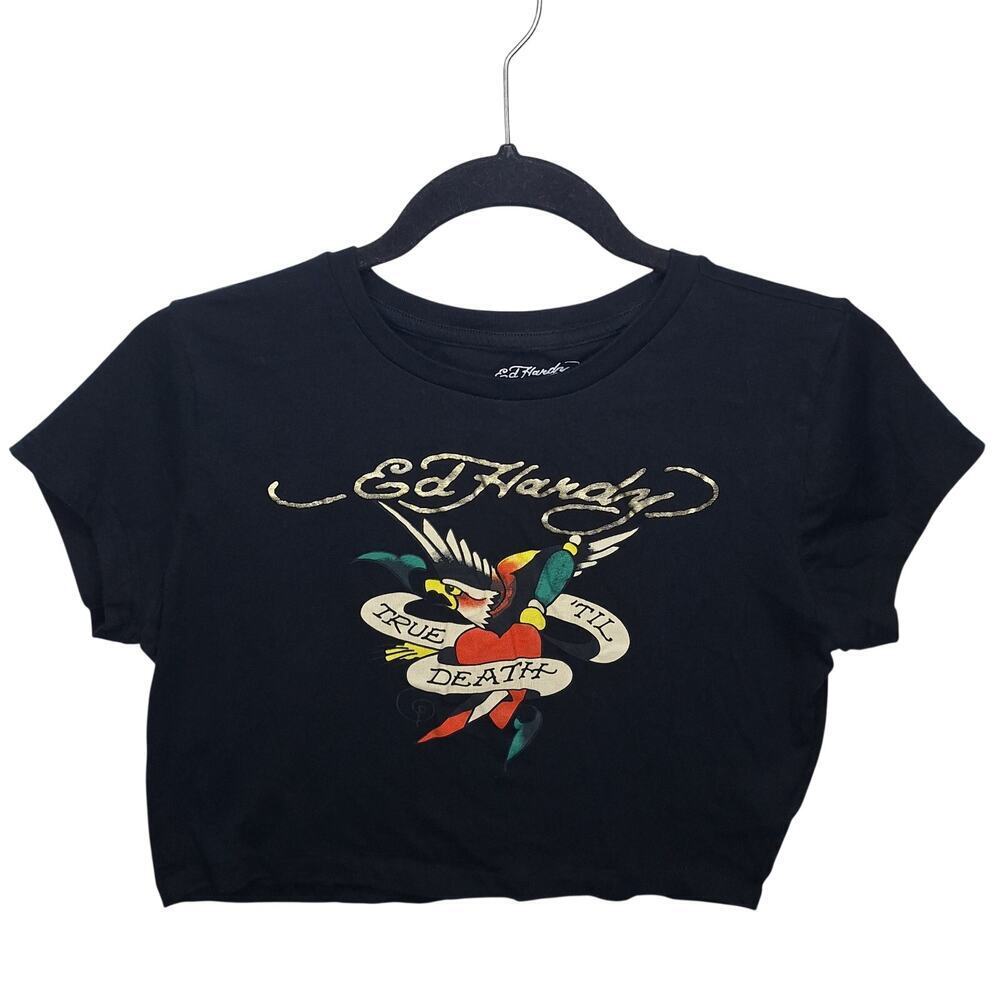 Ed Hardy Y2K Crop Top Baby Tee T-shirt Eagle Heart Dagger Cap Sleeve Women Large